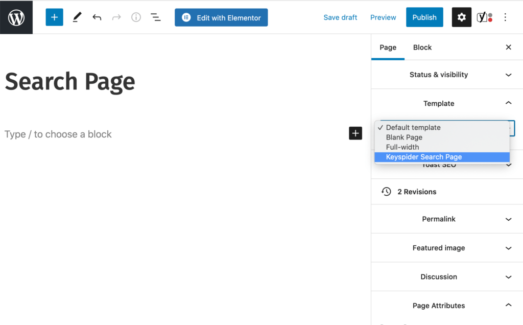 keyspider site search integrate in wordpress by page template